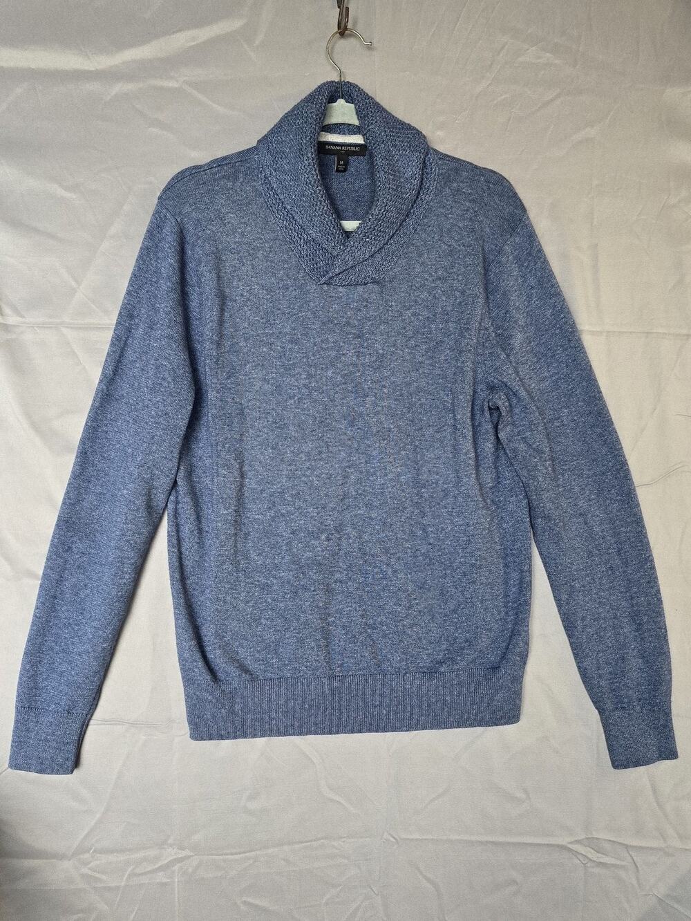 Banana Republic Sweater Mens Medium Blue Shawl Collar Cotton Knit Pullover